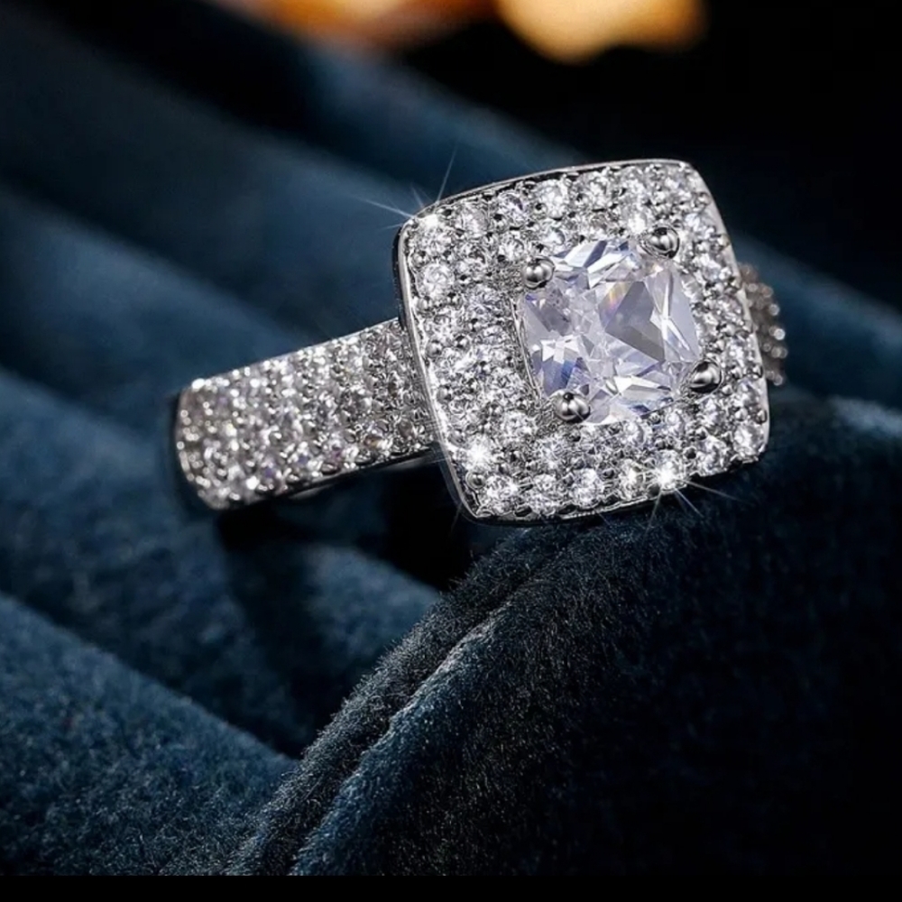 925 Silver Plated 4 Prong Square Cut White Cubic Zirconia Side Mic